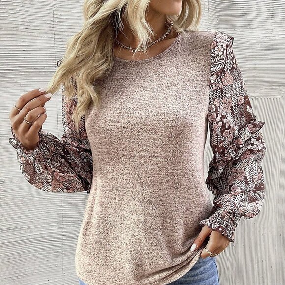 Coffee Brown Casual Women's Crew Neck Floral Blouse - Picture 4 of 7